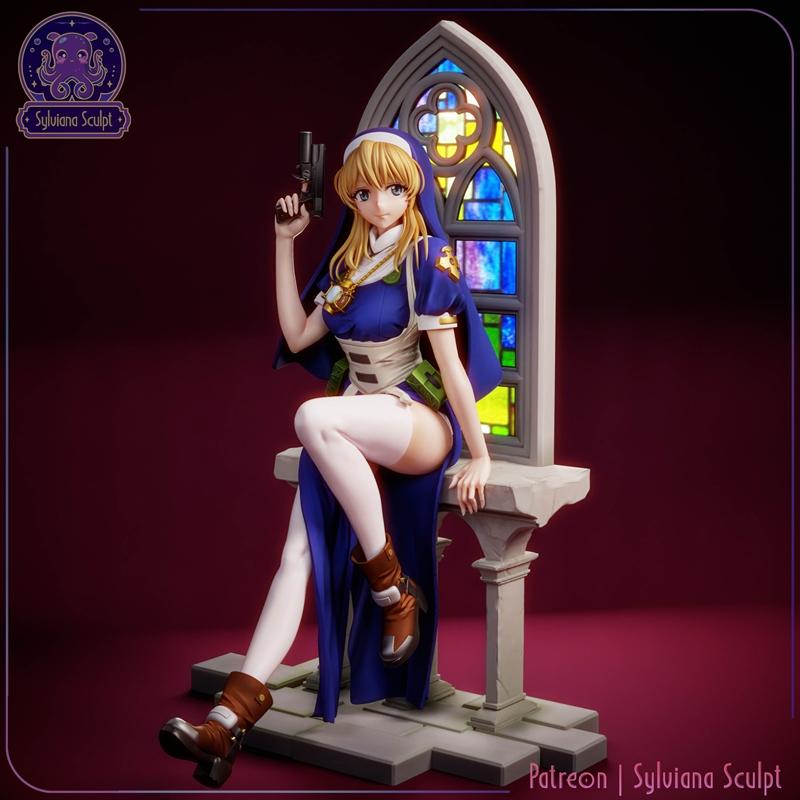 Rosette Christopher anime figure in blue nun outfit holding a pistol, seated on a pedestal with a gothic stained glas...