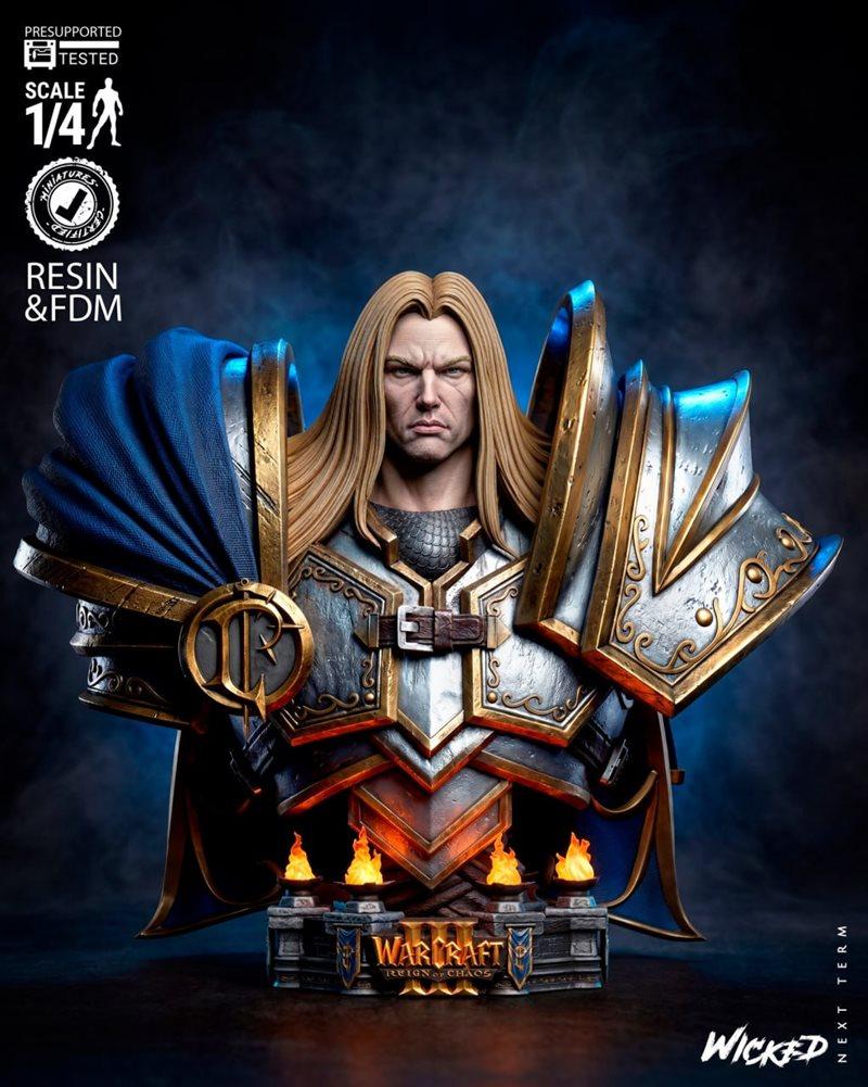 Wicked 1:4 scale bust of Arthas from Warcraft, wearing ornate paladin armor with a blue cape, standing on a base with...