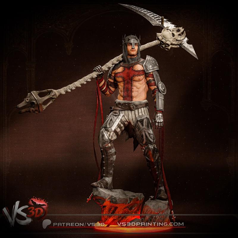 Dante Alighieri figure from VS3D, standing on a hellish base, holding a skull-adorned scythe. He wears segmented armo...