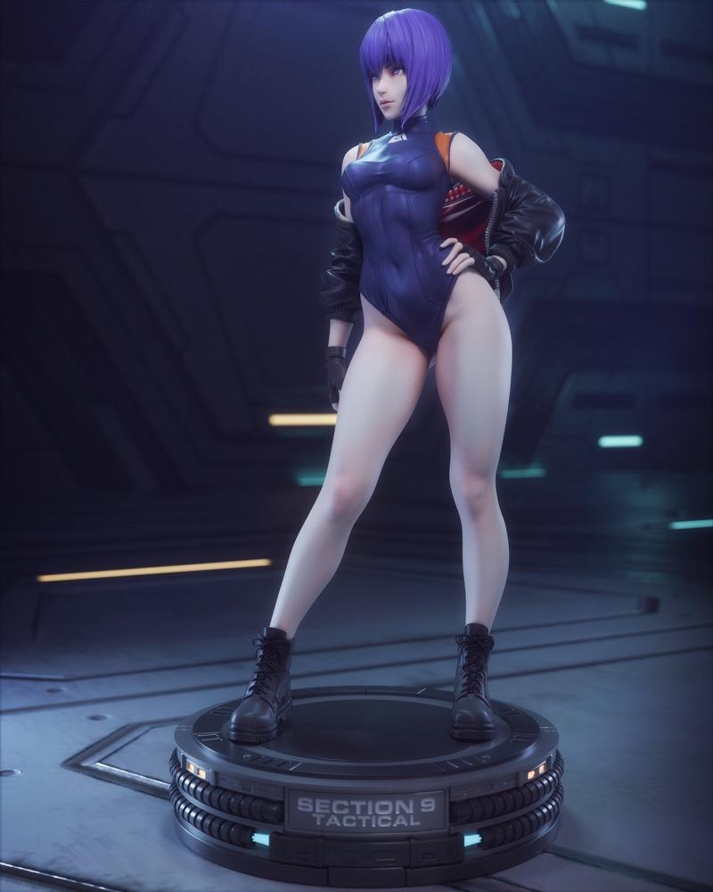Motoko Kusanagi figure in a purple bodysuit and black jacket, standing on a tactical base. Purple hair, combat boots,...
