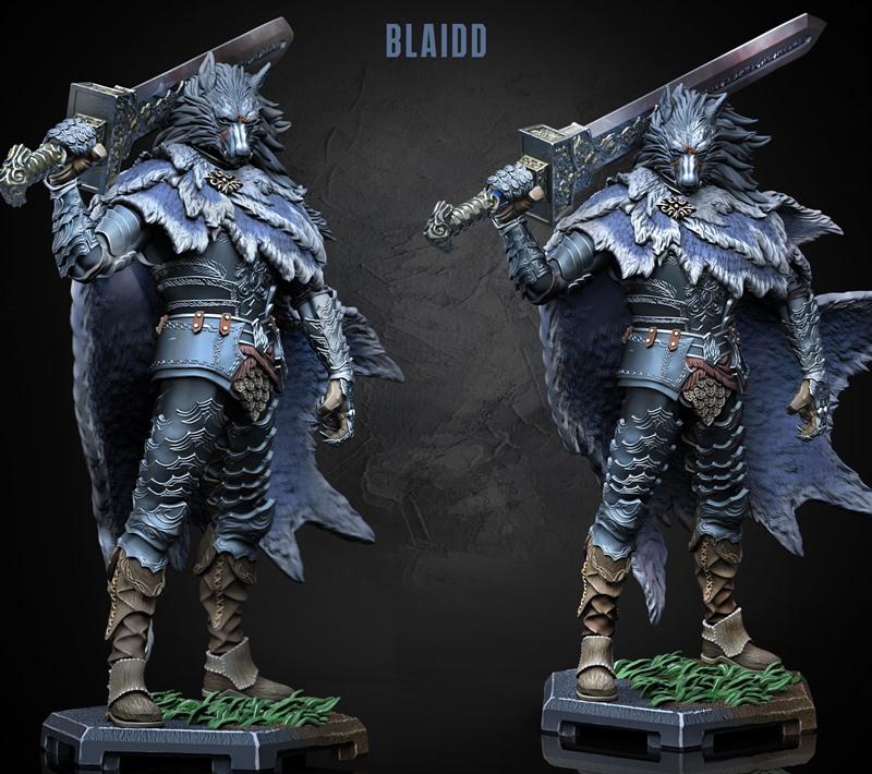 Dragun Studios 3D model of Blaidd the Half-Wolf from Elden Ring, wearing ornate armor and a fur cape, holding a large...