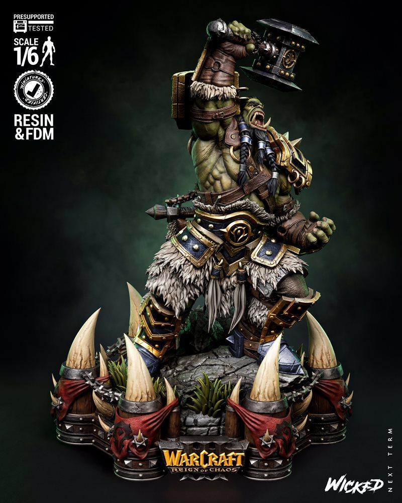 1/6 scale 3D model of Thrall from Warcraft, an Orc wielding a large hammer, wearing detailed armor and fur, posed her...