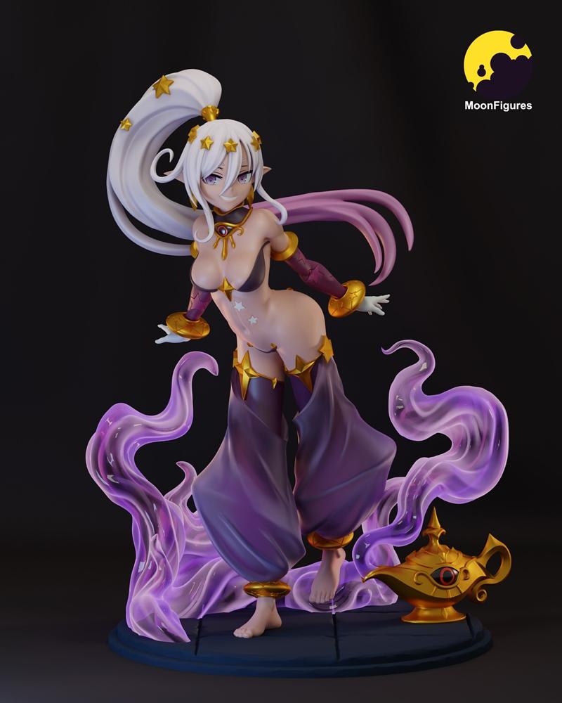 Anime-style Genie monster girl figure by MoonFigures, wearing revealing purple and gold attire with star accents, sur...