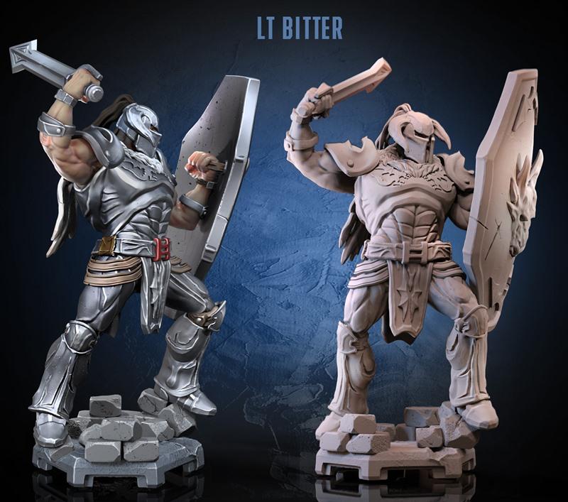 Two 3D models of Lt Bitter from Golden Axe by Dragun Studios. One is painted silver, the other is unpainted. Both wea...