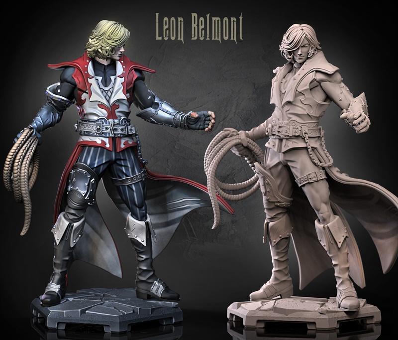 3D model of Leon Belmont from Castlevania, holding a whip. One version is painted, showing red, white, and blue attir...