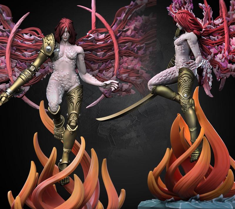 Malenia, Blade of Miquella, from Elden Ring, depicted as a 3D printable figure by Dragun Studios. She has red hair, a...