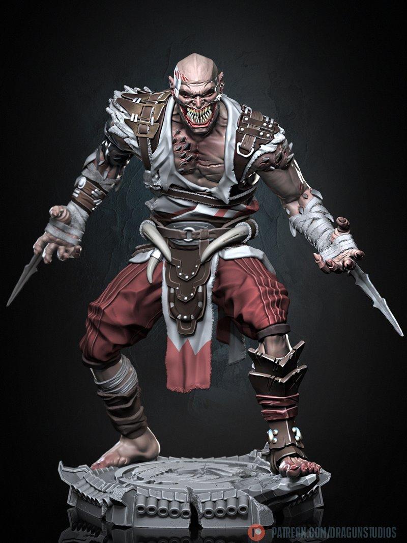 Baraka from Mortal Kombat, a monstrous figure with sharp teeth and blades, wearing tribal armor and red pants, posed...