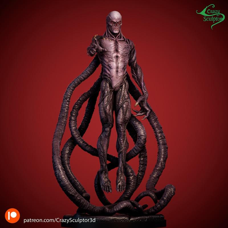 3D model figure of Vecna from Stranger Things, a gaunt humanoid monster with exposed musculature and multiple dark te...