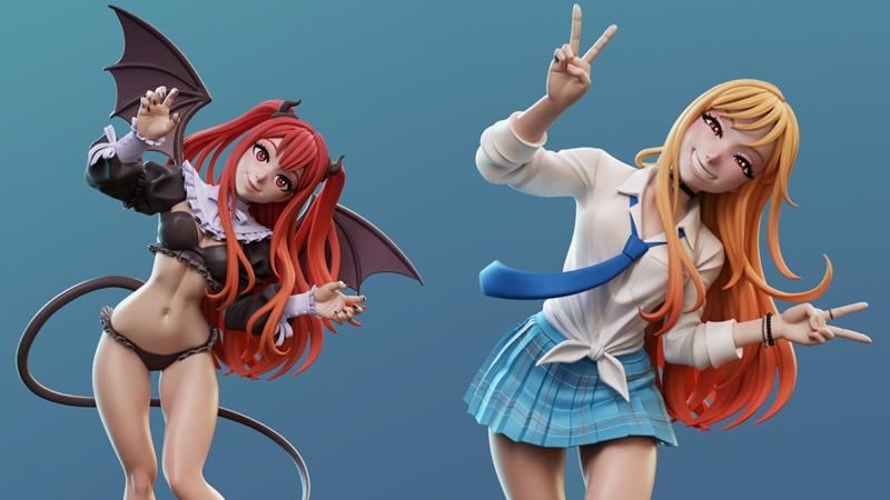 Two 3D printable figures of Marin Kitagawa from My Dress-Up Darling. One figure is a demon girl with red hair, bat wi...