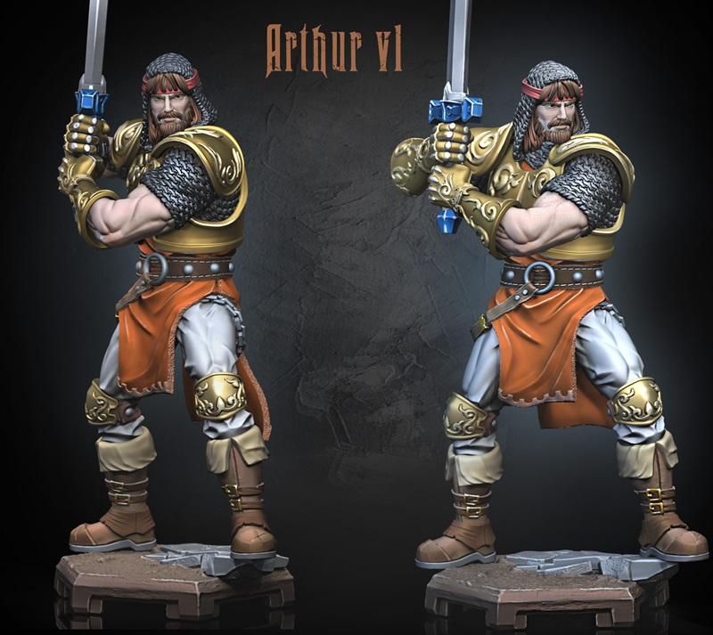 King Arthur 3D model figure by Dragun Studios, wearing golden armor, chainmail, and an orange tunic, holding a sword...
