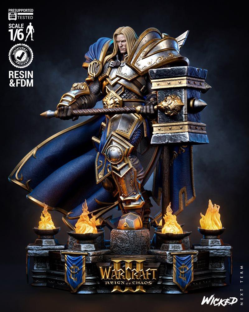 1/6 scale 3D model of Arthas from Warcraft III, holding a large hammer, wearing ornate armor and a blue cape, standin...