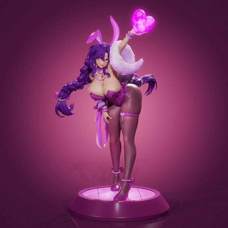 Anime-style 3D printable figure of Bunny Mama, leaning forward with purple braided hair, bunny ears, and wearing reve...