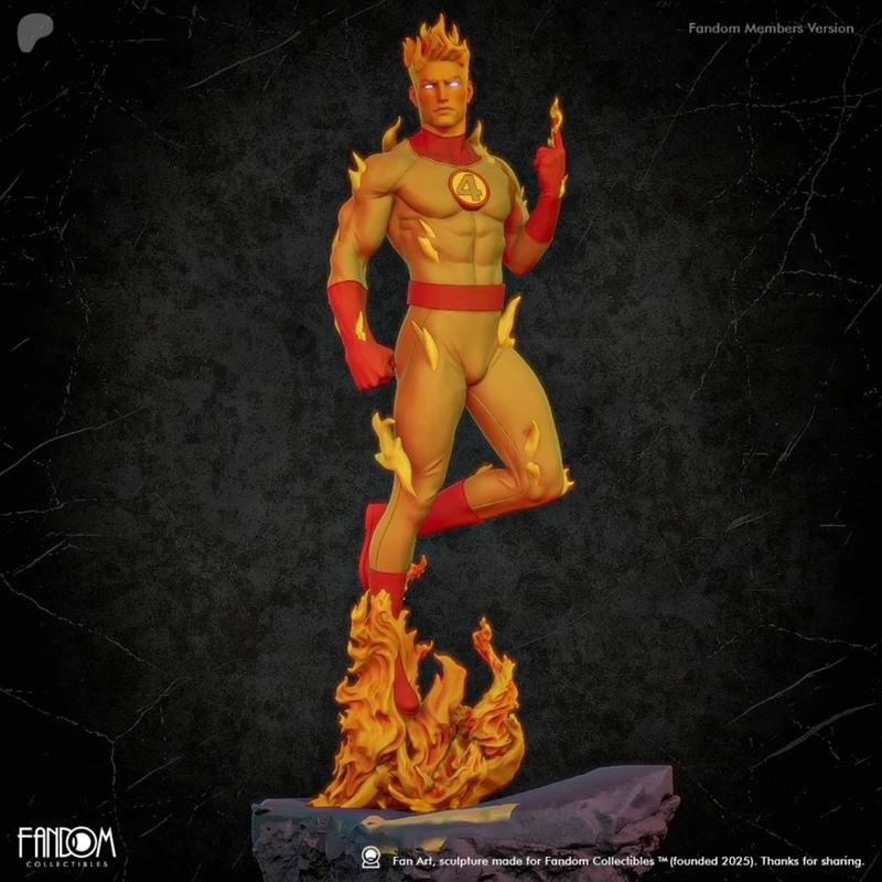 Human Torch 3D model figure by Fandom Collectibles, posed heroically with flames erupting from his base and body, wea...