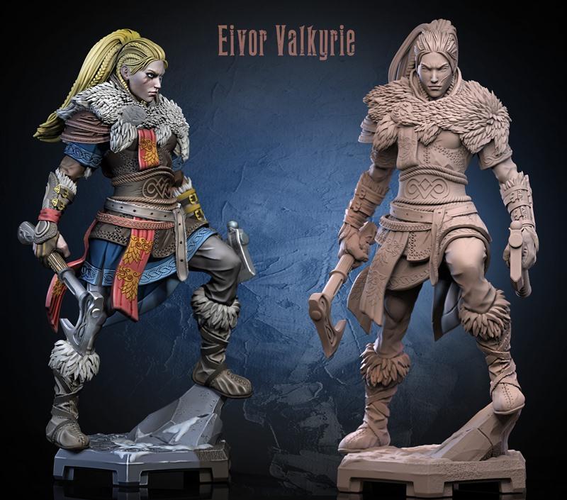 Two 3D printed figures of Eivor Varinsdottir, one painted, one unpainted, in dynamic poses with axes, wearing Viking-...