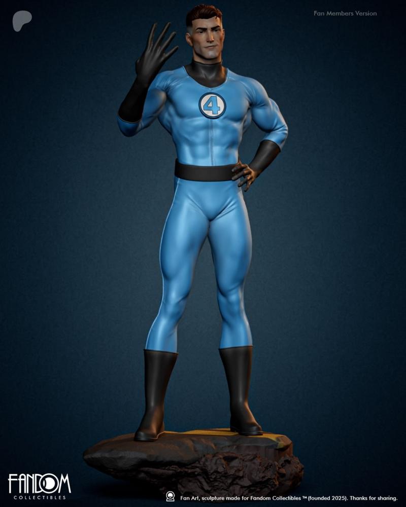 Reed Richards 3D model figure in blue Fantastic Four suit, standing heroically on a rock base, hand raised with finge...
