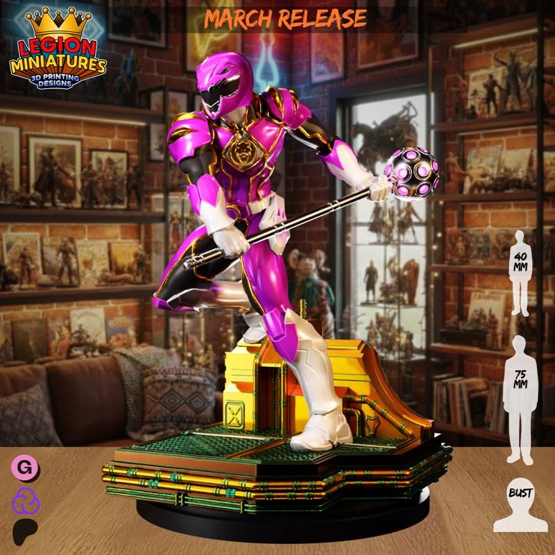 Pink Ranger in full armor, holding a staff with a spherical head, standing on a detailed multi-level base. Legion Min...