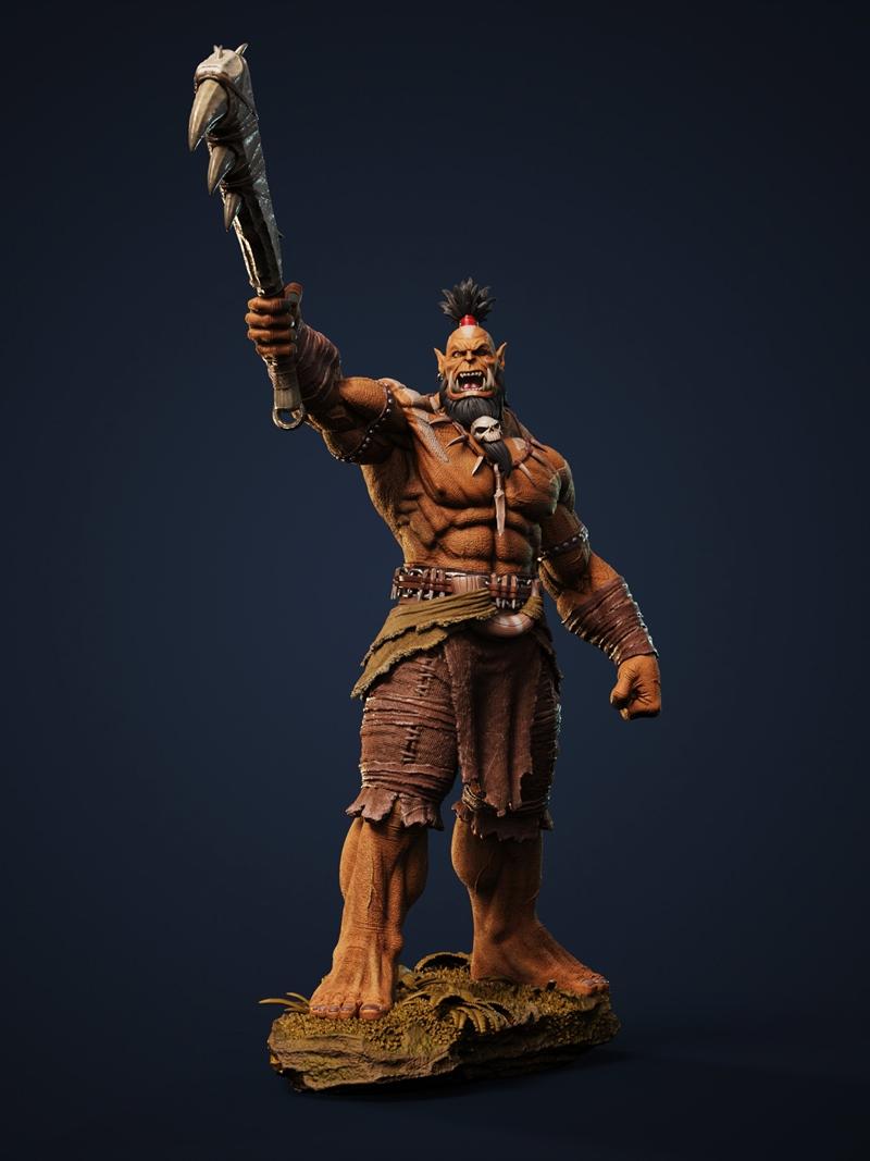 FP Artworks 3D model of Kilrogg Deadeye, a muscular orc warrior with a mohawk and beard, holding a spiked club overhe...