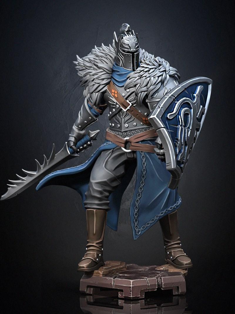 Faraam Knight 3D model from Dragun Studios, wearing ornate silver armor, a blue cape, and fur collar, holding a serra...