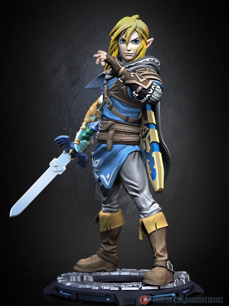 3D model of Link from The Legend of Zelda, holding the Master Sword, wearing blue tunic and brown armor, on a futuris...