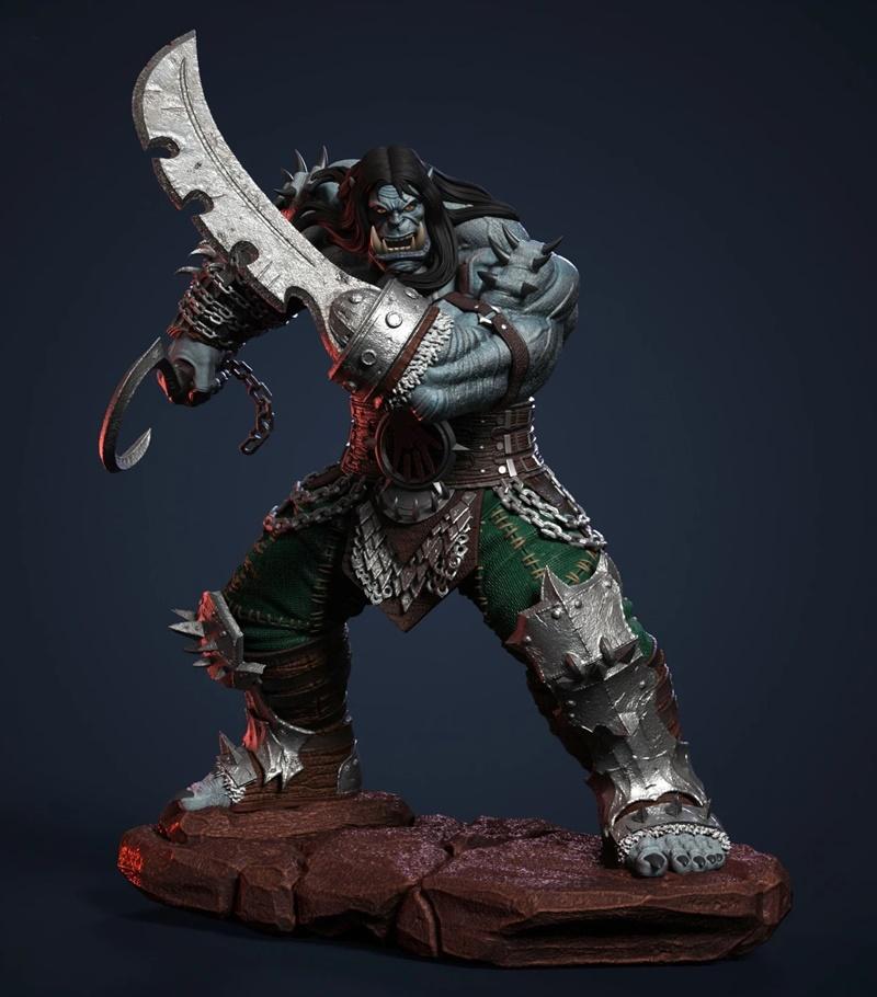 3D model figure of Kargath Bladefist, an orc warrior from Warcraft, in a dynamic pose with a large sword, wearing det...