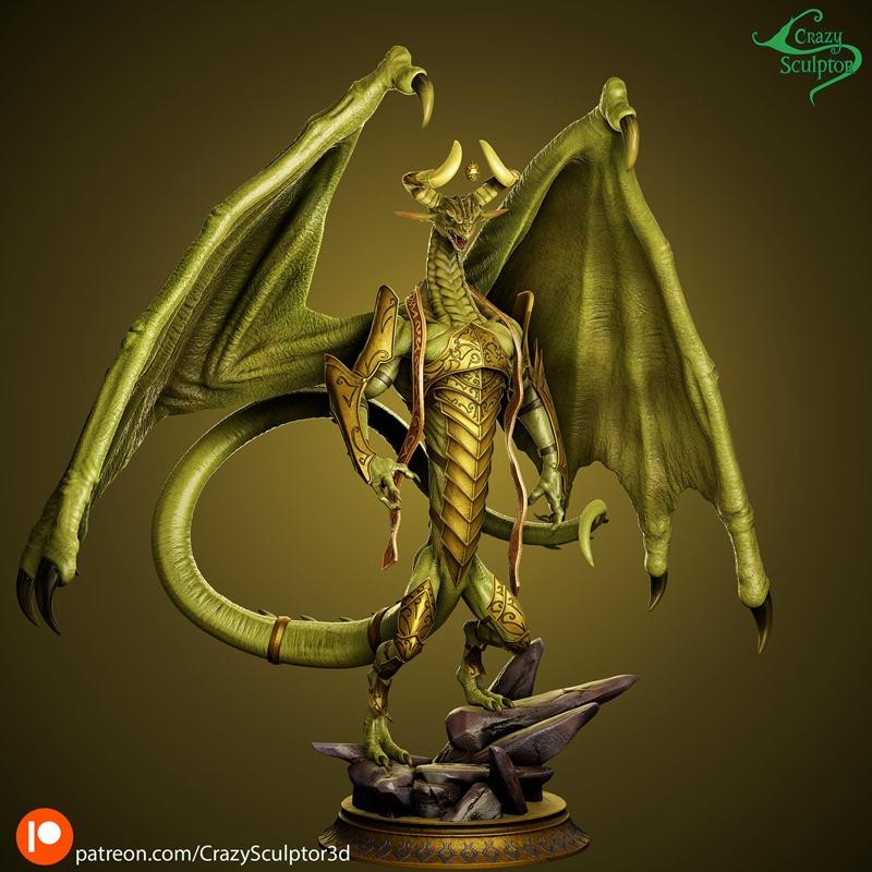 Green dragon Nicol Bolas with large wings and ornate gold armor, standing on a rocky base. Model by Crazy Sculptor.