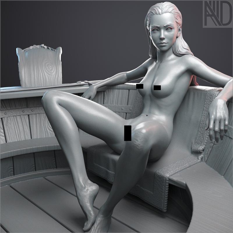 Nude woman with long hair seated in a wooden boat interior, realistic sculpt by Aronon.