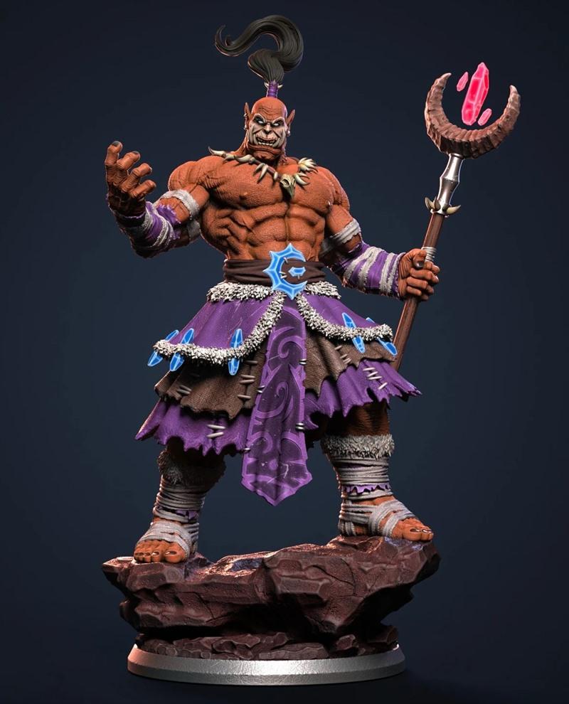 3D model figure of Ner'zhul from Warcraft, a muscular orc shaman with a staff, wearing tribal purple and fur attire,...
