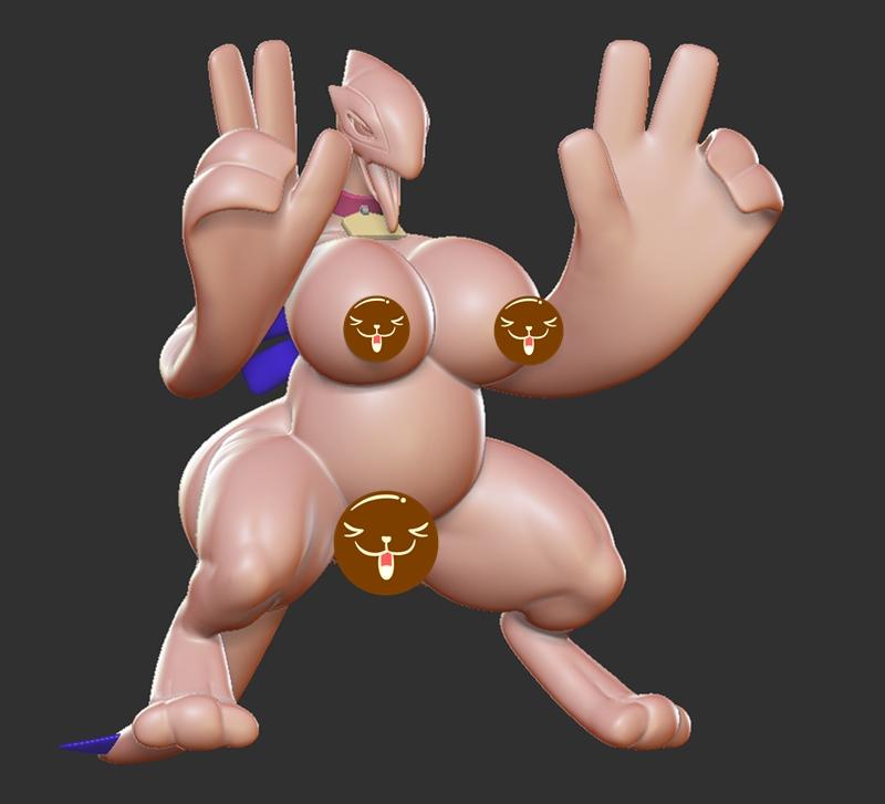 3D model of anthropomorphic Lugia in a crouching pose, making peace and rock on hand gestures, with artistic censorsh...