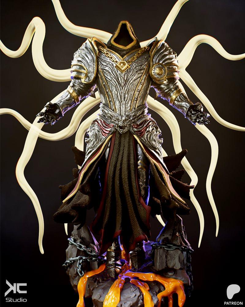 KcStudio 3D model of Inarius from Diablo, wearing ornate silver and gold armor, a dark hooded cloak, and surrounded b...