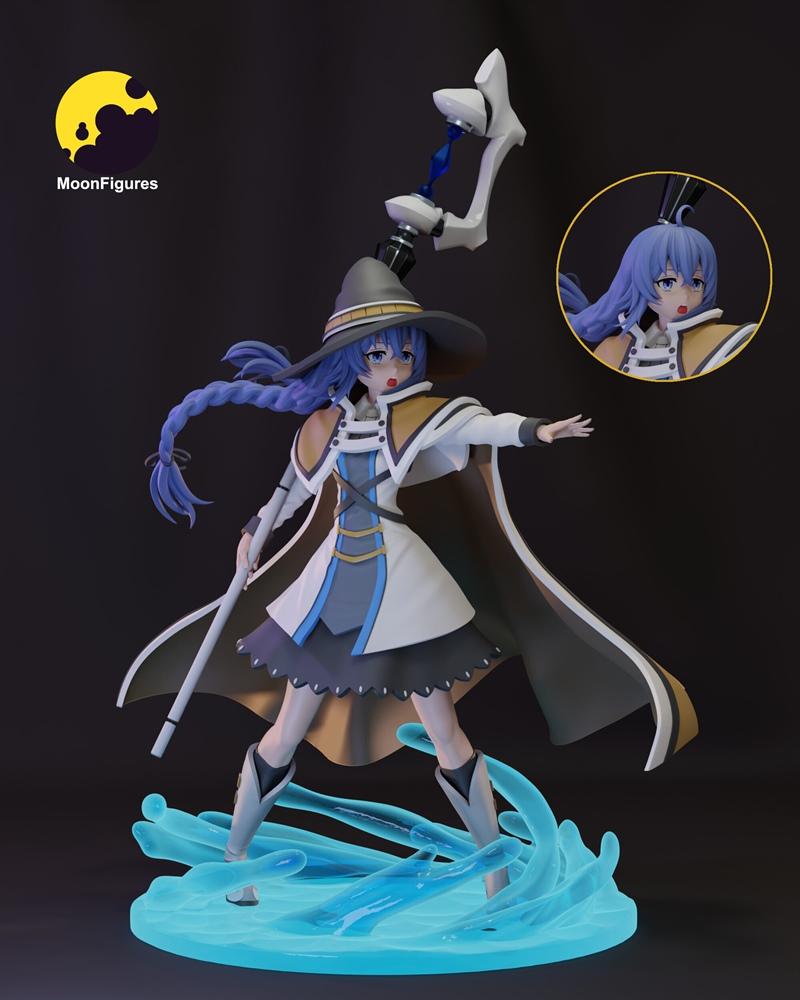 Roxy Migurdia 3D model figure in witch hat and cape, holding a staff, standing on a magical blue base. Inset shows a...