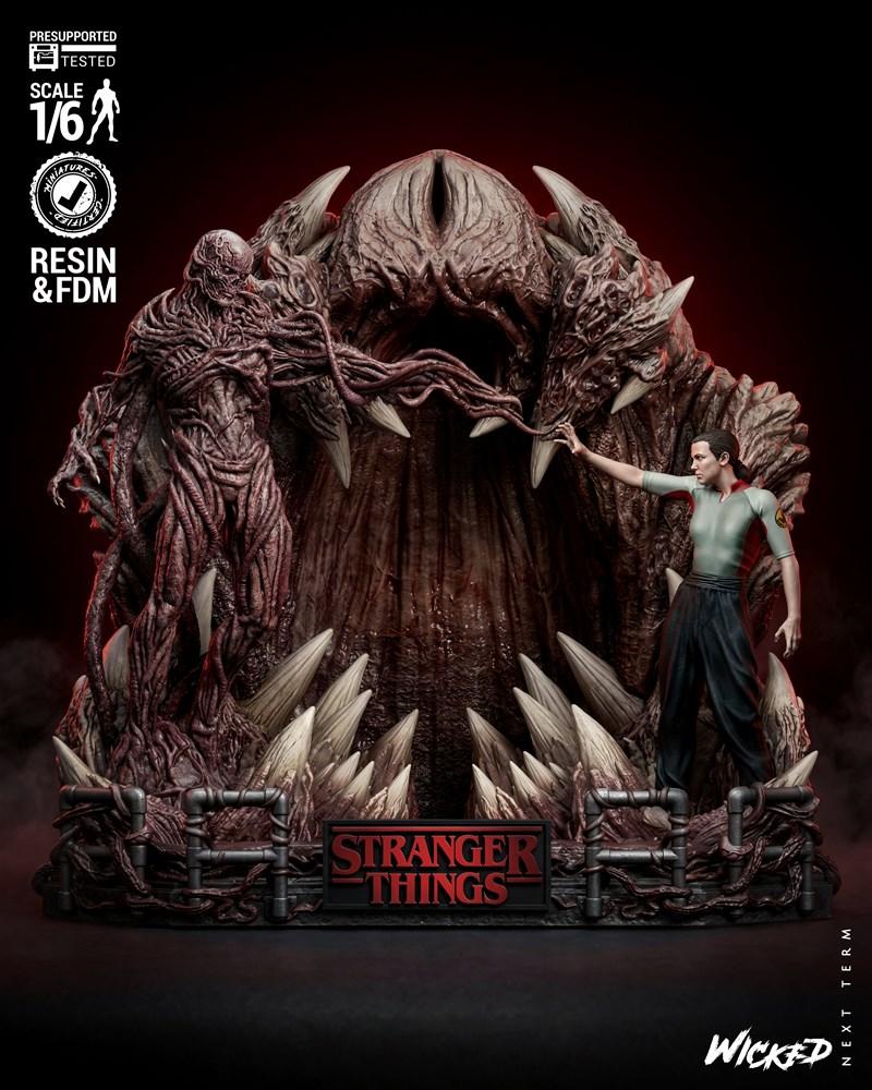 1:6 scale Stranger Things diorama featuring Vecna and a human character confronting the monster's gaping maw, with th...