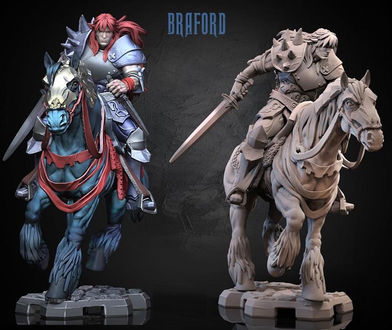 Braford BOSS 3D model: knight in spiked armor on horseback, holding a sword. One version is rendered in color, the ot...