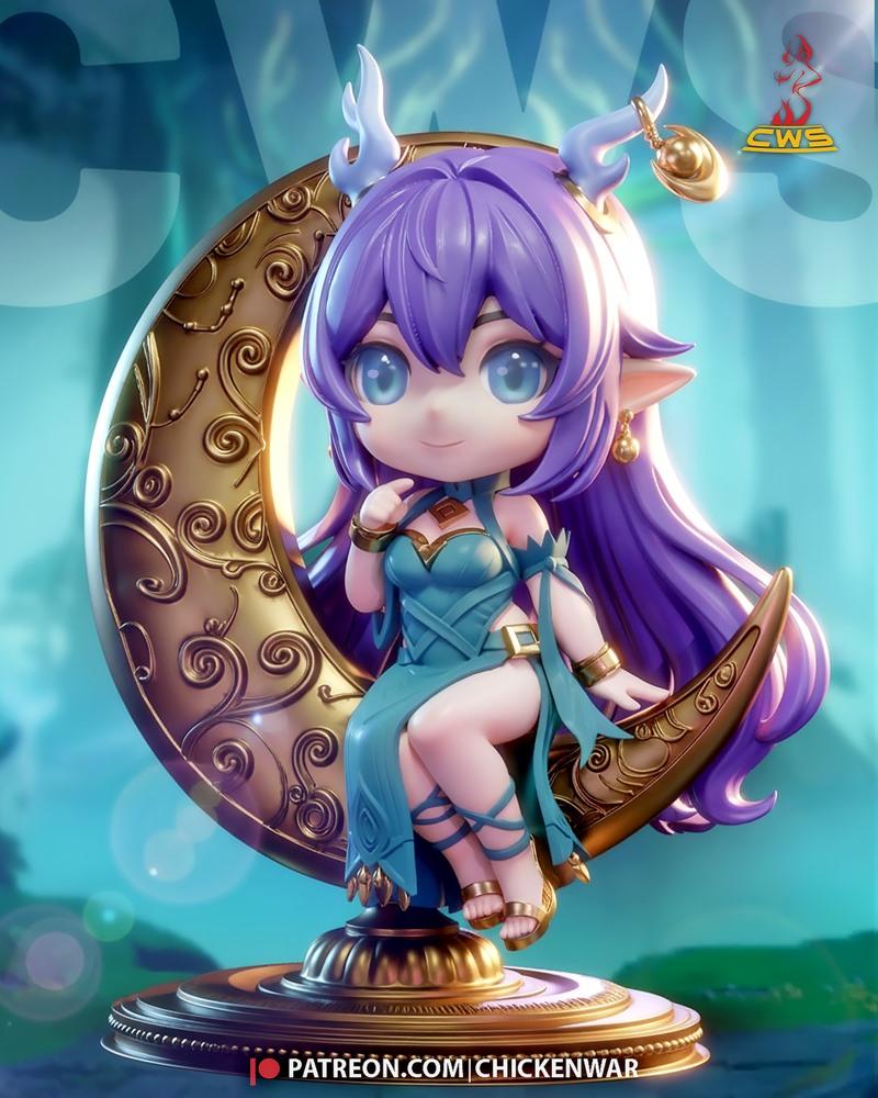 Chibi Lauma figure by CW Studio sitting on a golden crescent moon, wearing a teal dress and adorned with purple hair...