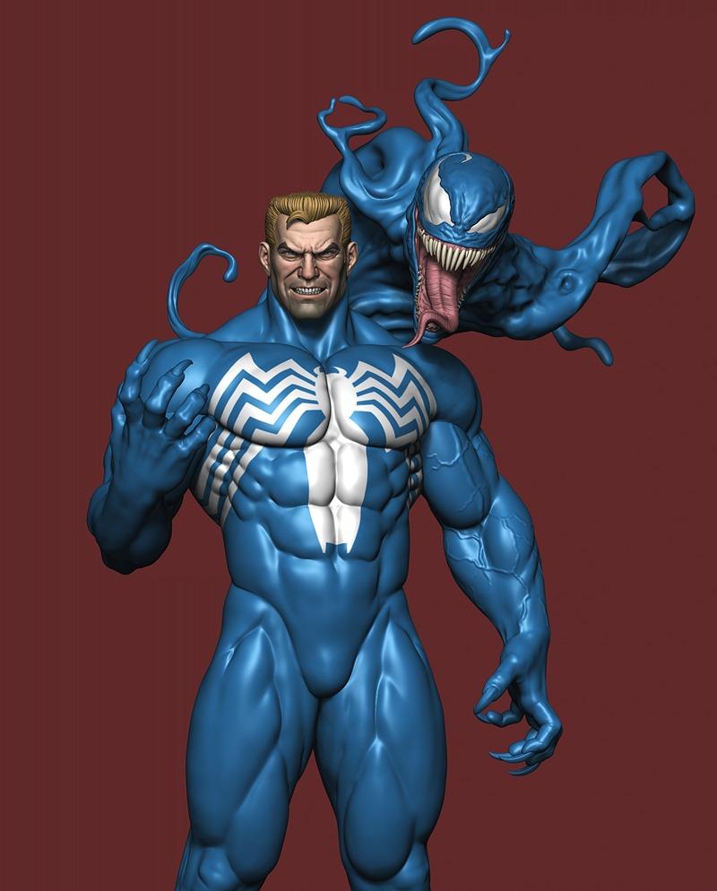 3D model of Eddie Brock in a blue suit with white spider symbol, with the Venom symbiote emerging from behind him, sh...