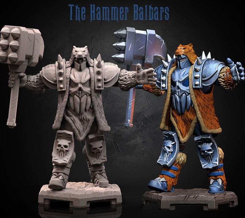 Two 3D models of the Hammer Balbars, a fantasy beastman warrior. The left model is a grey sculpt holding a large spik...