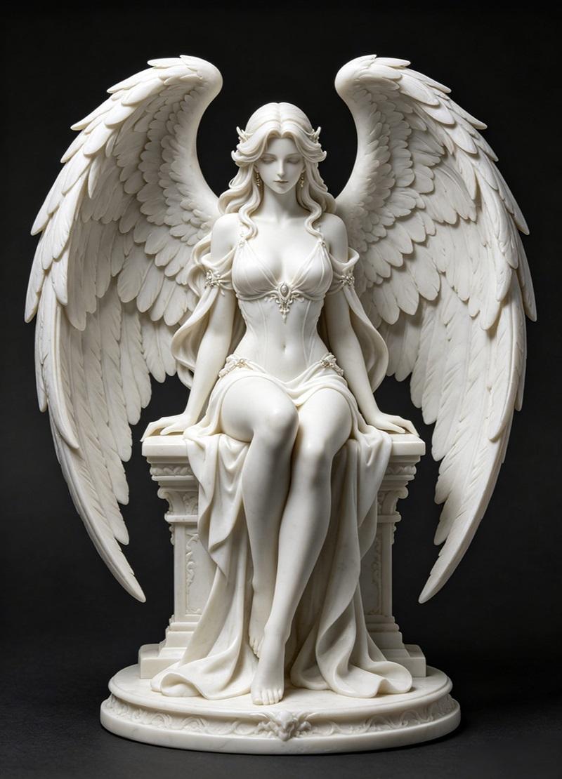 Seated Guardian Angel figure with large feathered wings, wearing an ornate corset and flowing robes, resting on a scu...