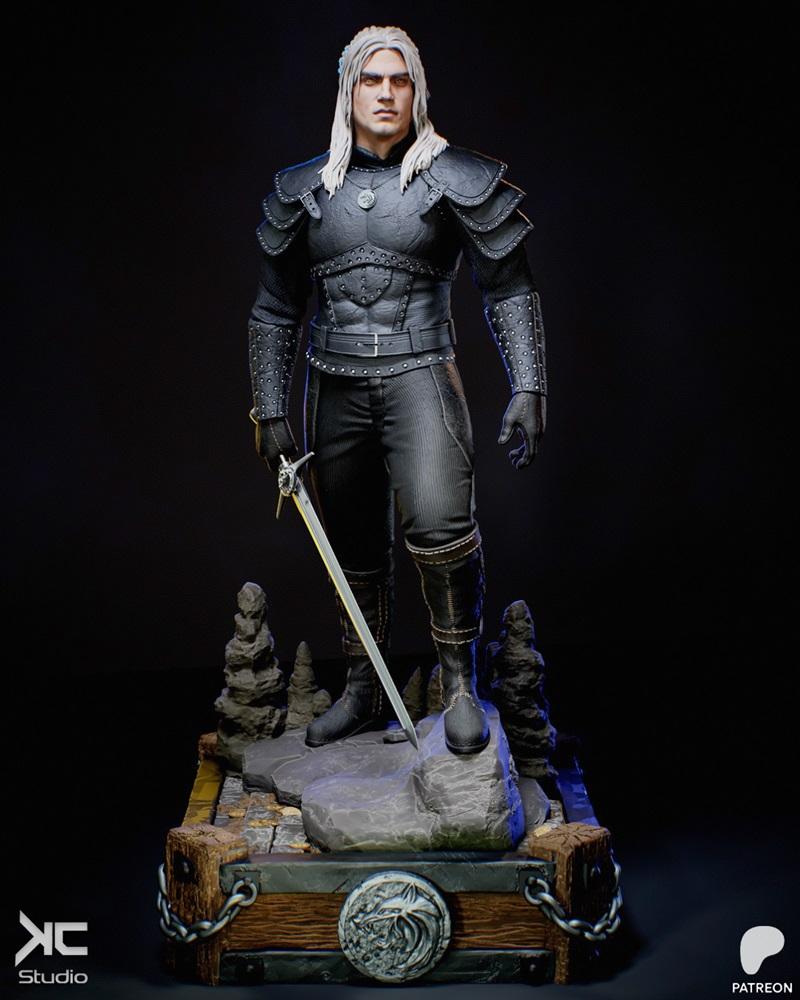 3D model of Geralt of Rivia from The Witcher Netflix series, wearing dark studded leather armor and holding a sword,...