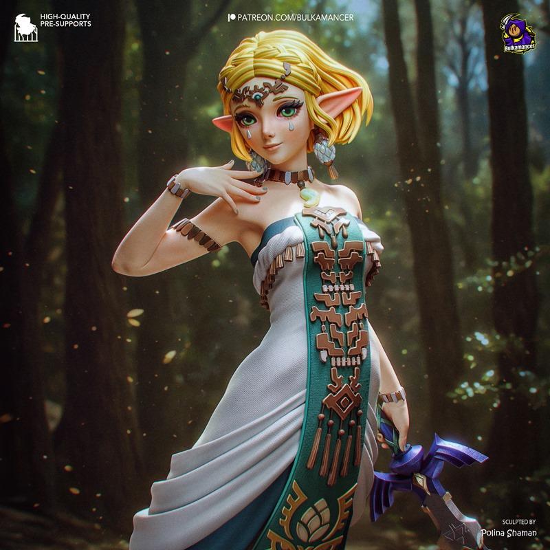 Zelda from Tears of the Kingdom figure, holding the Master Sword, wearing a white and teal dress, with blonde hair an...