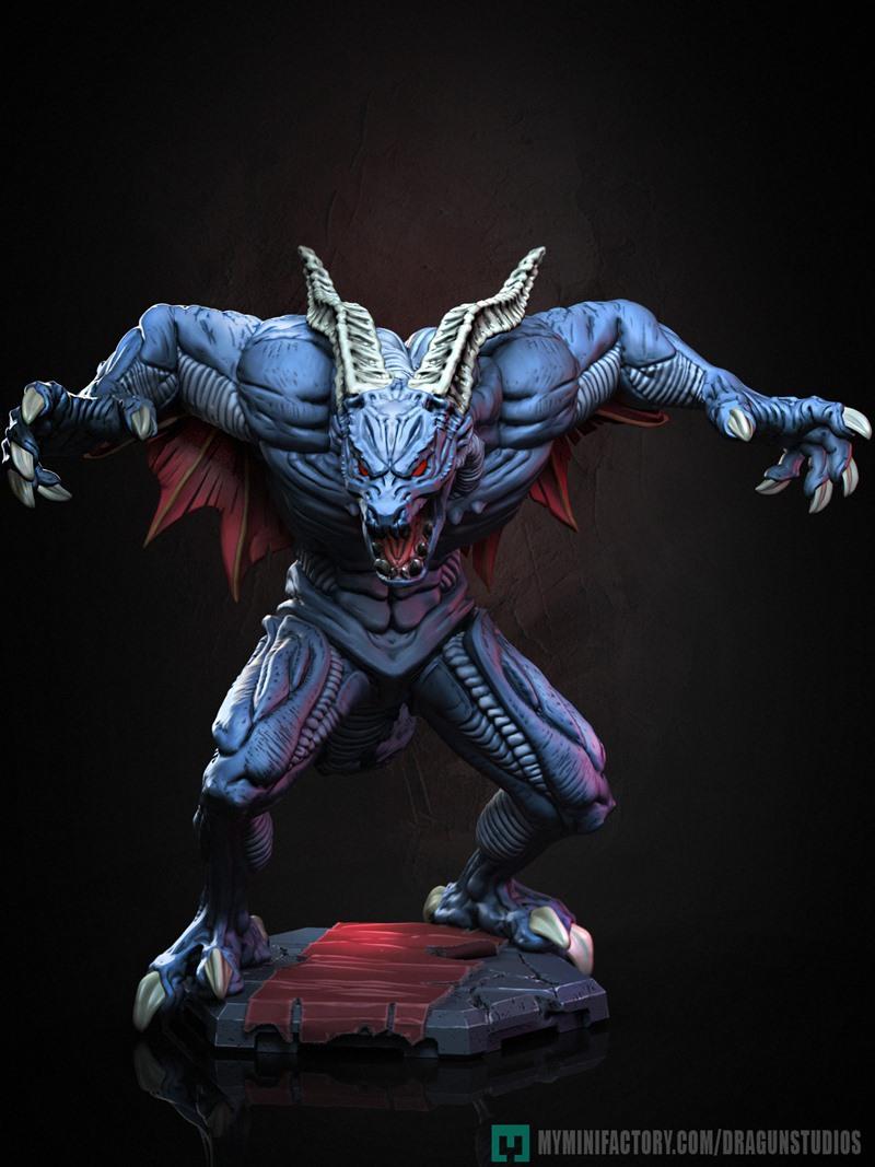 Blue-skinned demon figure with large horns, red eyes, and tattered wings, in a crouched pose on a rocky base with red...