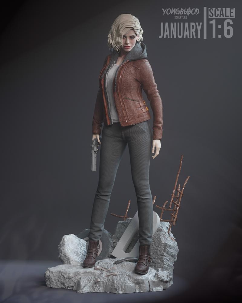 1:6 scale 3D print figure of Grace Ashcroft by Yongblood Sculpture, standing on a rocky base with a pistol. She wears...
