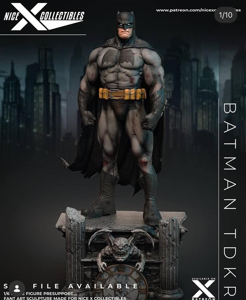 Muscular Batman figure in Dark Knight Returns costume, standing heroically on a gothic base with gargoyles and a cloc...