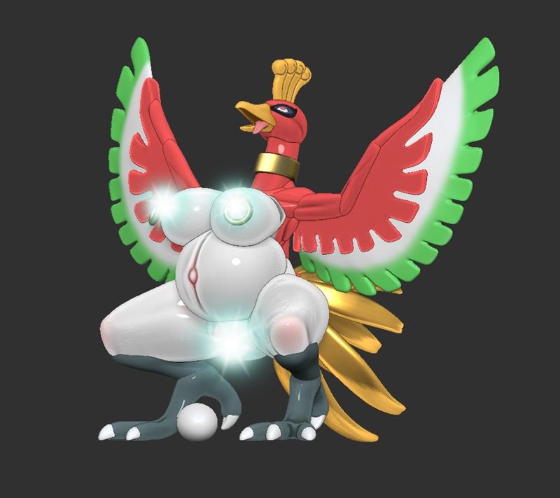 3D model of the Pokémon Ho-Oh, a large red and white bird with green-tipped wings, in a crouching pose with glowing a...
