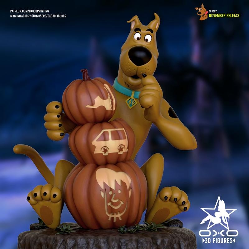 Scooby Doo figure sitting next to a stack of three carved pumpkins, with the Mystery Machine and character faces etch...