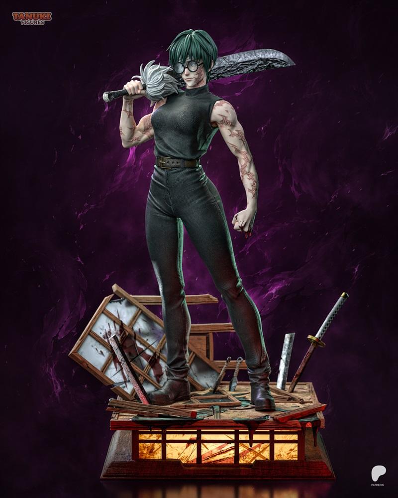 Maki Zenin 3D model from Jujutsu Kaisen by Tanuki Figures, holding a large sword, wearing glasses and dark clothing,...