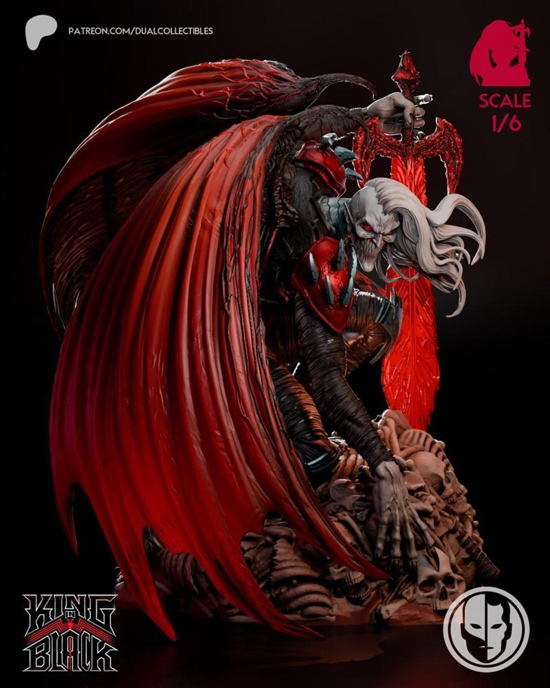 Knull, the King in Black, figure from Marvel Comics by Dual Collectibles. He has white hair, fangs, red eyes, dark ar...