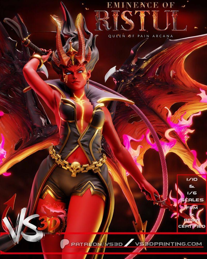 VS3D Queen of Pain figure with red skin, large black and red wings, and golden horns, wearing a dark and gold outfit,...