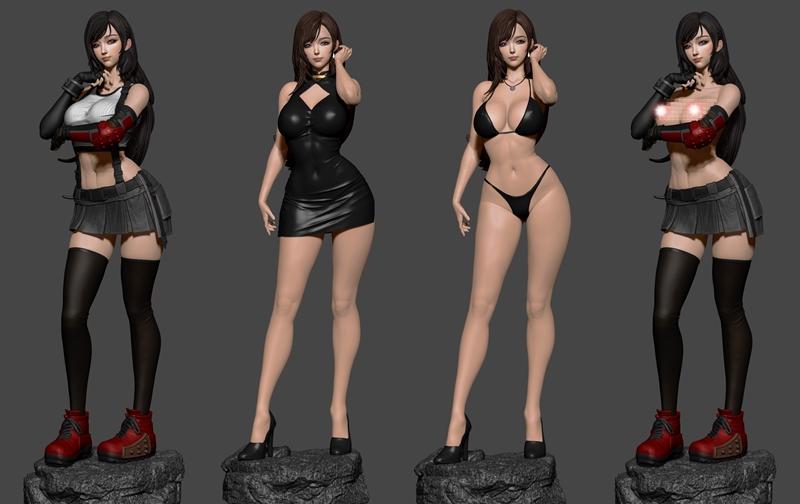 Four 3D models of Tifa Lockhart from Final Fantasy: one in combat gear with white top and grey skirt, one in a black...