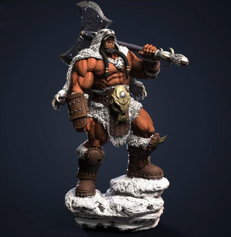 Durotan, a muscular orc from Warcraft, stands heroically on a snowy base holding a large axe. He wears fur armor, a w...