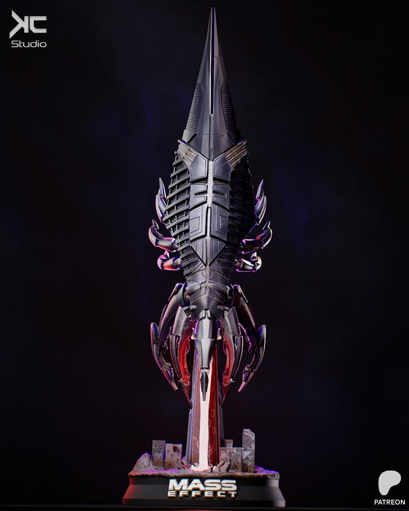 KcStudio 3D model of the Sovereign Reaper ship from Mass Effect, standing on a diorama base with ruined buildings, da...