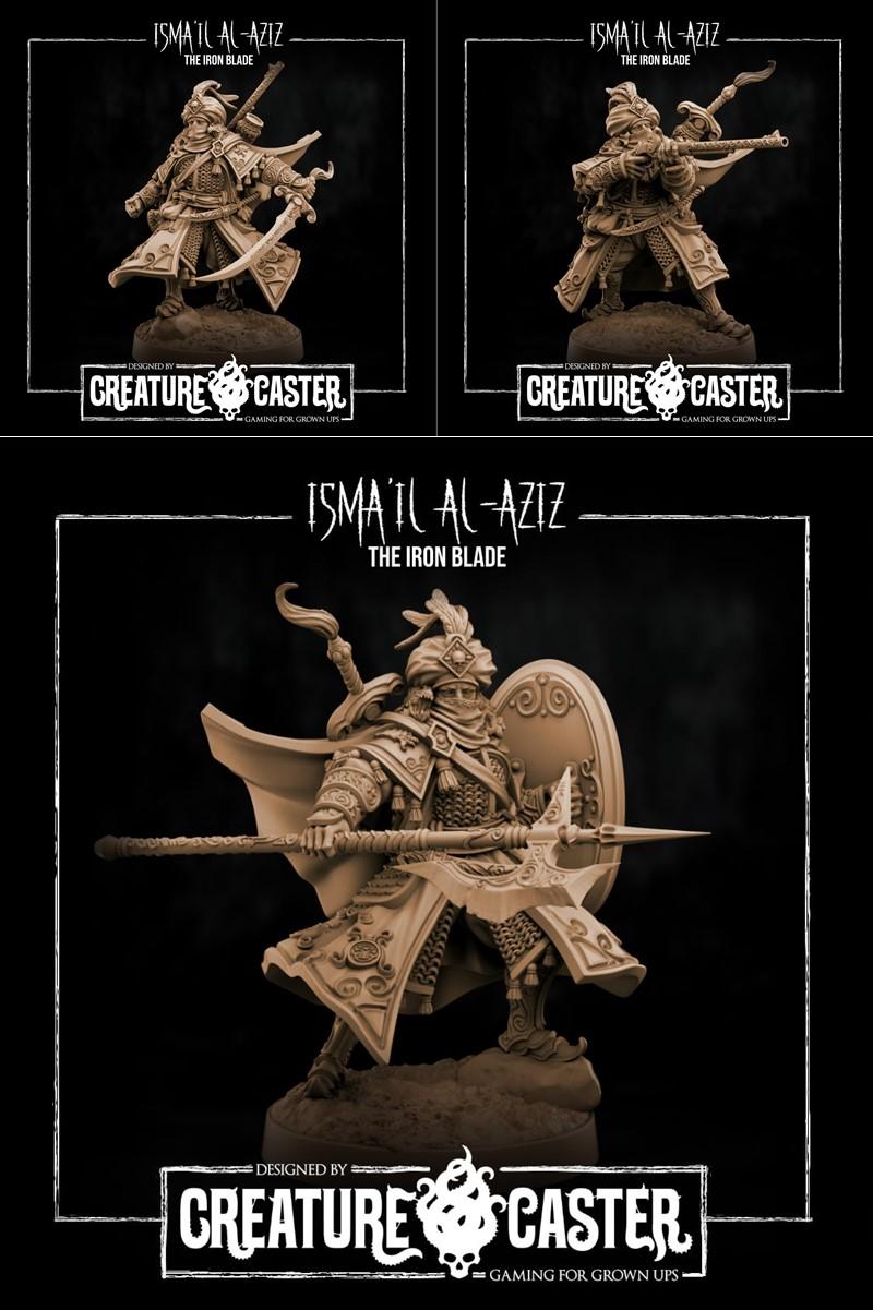 3D model of Ismai'l Al-Aziz 'The Iron Blade' warrior, wearing ornate armor, a cape, and holding a shield and axe.